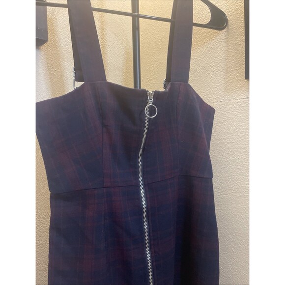 Forever 21 Navy Blue Red Plaid Front Zip Mini Overall Dress Sz Small Sleeveless - Picture 2 of 8